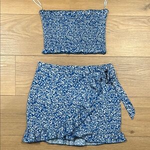 SHEIN Blue and White Wrap Mini Skirt Set